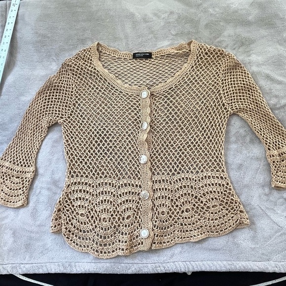 Jones New York Open Knit Cardigan Sweater Button Front Tan Neutral L/XL Boho - Picture 10 of 13